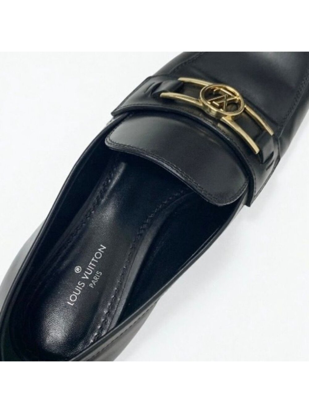 Louis Vuitton Upper Case Line Loafers Leather Shoes Black Gold LV Logo - Picture 8 of 9